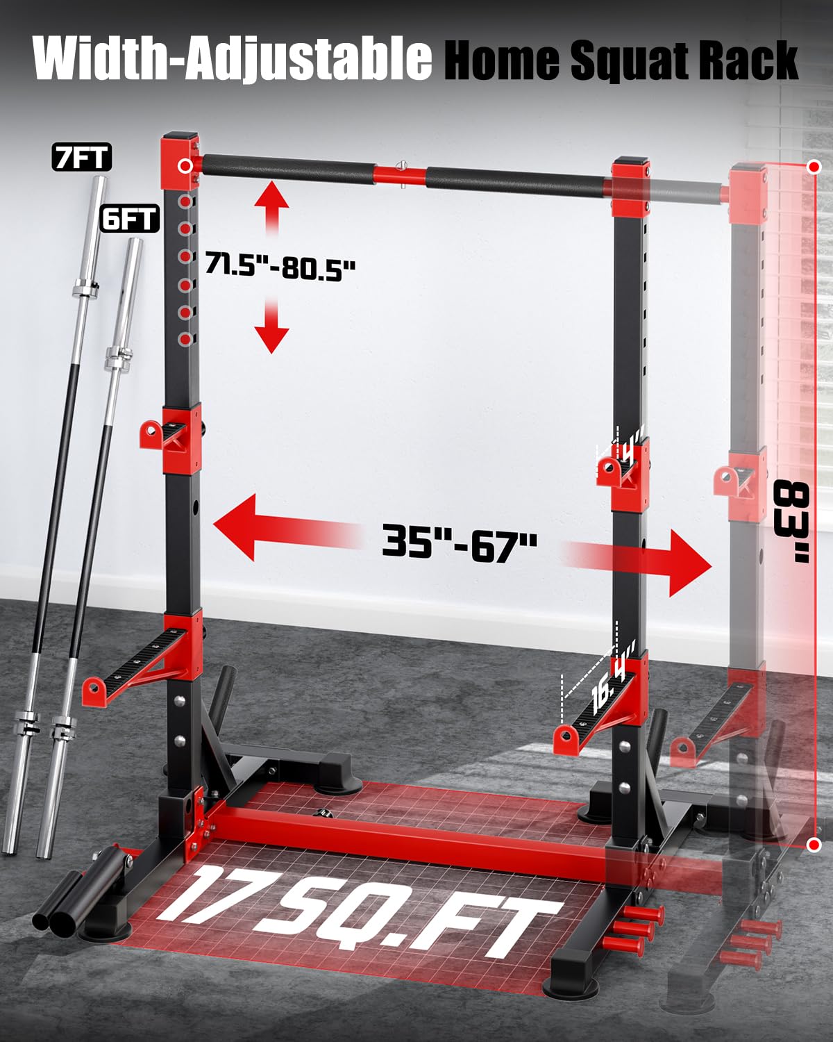 YOLEO Squat Rack with Adjustable Pull-Up Bar & Extended Safety Arms, Multi-Functional Power Racks Squat Stand for Home Gym, Garage & Basement, 35"-67" Width, Fixed 83” Frame Height, Pull-Up Bar Height 71.5"-80.5", Fits 6FT & 7FT Barbells