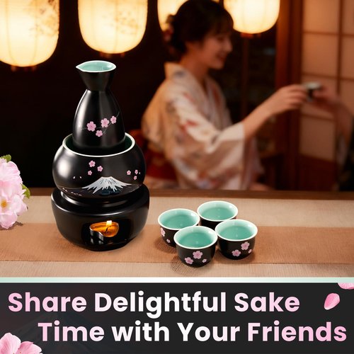 DUJUST 10 pcs Japanese Sake Set with Warmer for 6, Sakura & Fuji Design Porcelain Sake Set, 6 Sake Cups, 1 Bottle, 1 Warmer, 1 Candle Stove, 1 Tray & 1 Box, Warm Sake Carafe, Japanese Gifts - Black