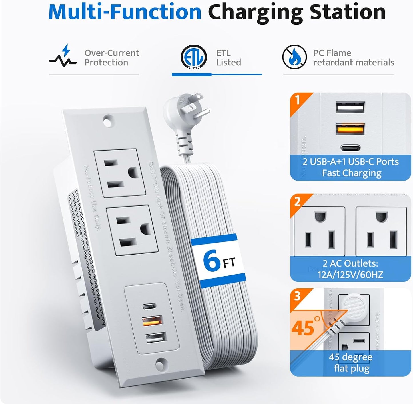 DOACE 18W Table,2 Outlets,3 Ports,6ft 45 Recessed Power Strip with USB C Fast Charging Conference Recessed