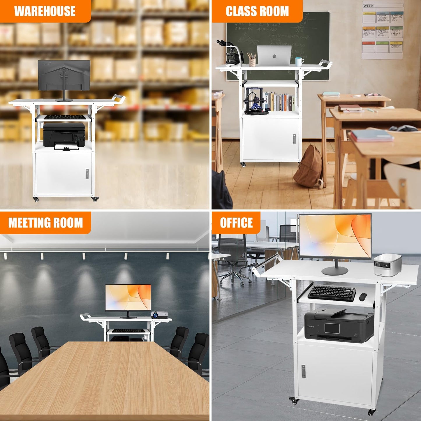 Large Steel AV Cart with Wheels and Drop Leaves, Height Adjustable AV Cart with Locking Cabinet and Power Strips, Rolling Computer Workstation with Pullout Keyboard Tray for Office & Classroom