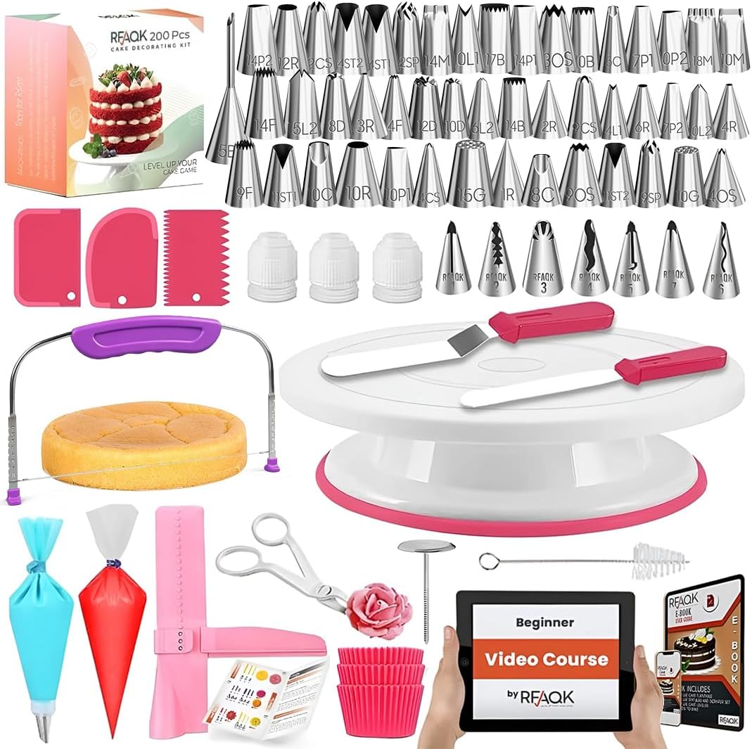 RFAQK 200-Piece Cake Decorating Kit - Complete Baking Supplies Set with Turntable, Icing Tips & More