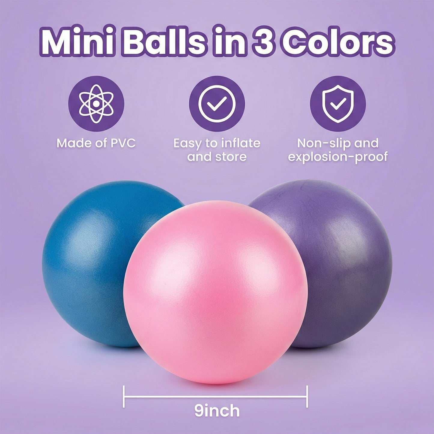 RAINFLOW 3 PCS Small Exercise Ball - 9 Inch Pilates Ball Small Yoga Ball for Stability, Physical Therapy, Fitness, Core Strength and Stretching at Home Gym Office with Inflation Straw