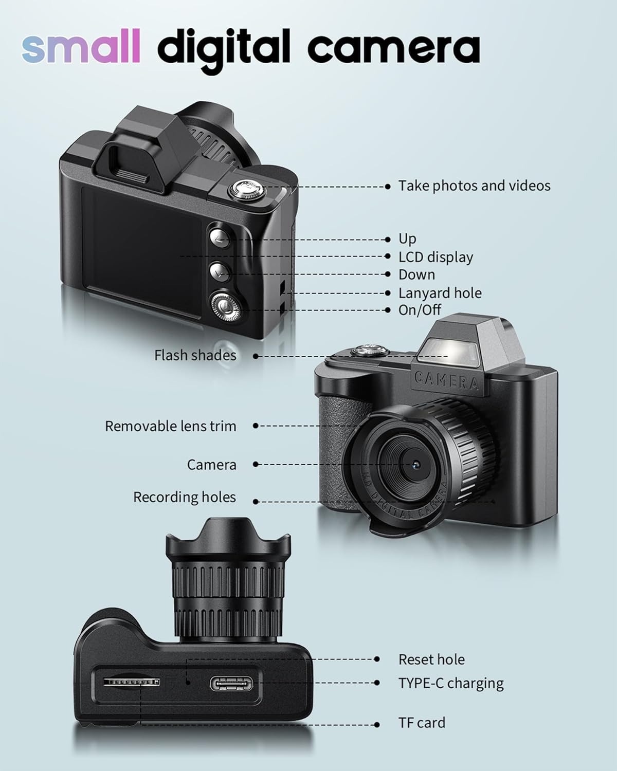 WZVZ 1080P 32GB Mini Digital Camera, Portable Camera for Photography with SD Card, Key Card Clip Chain for Teenagers