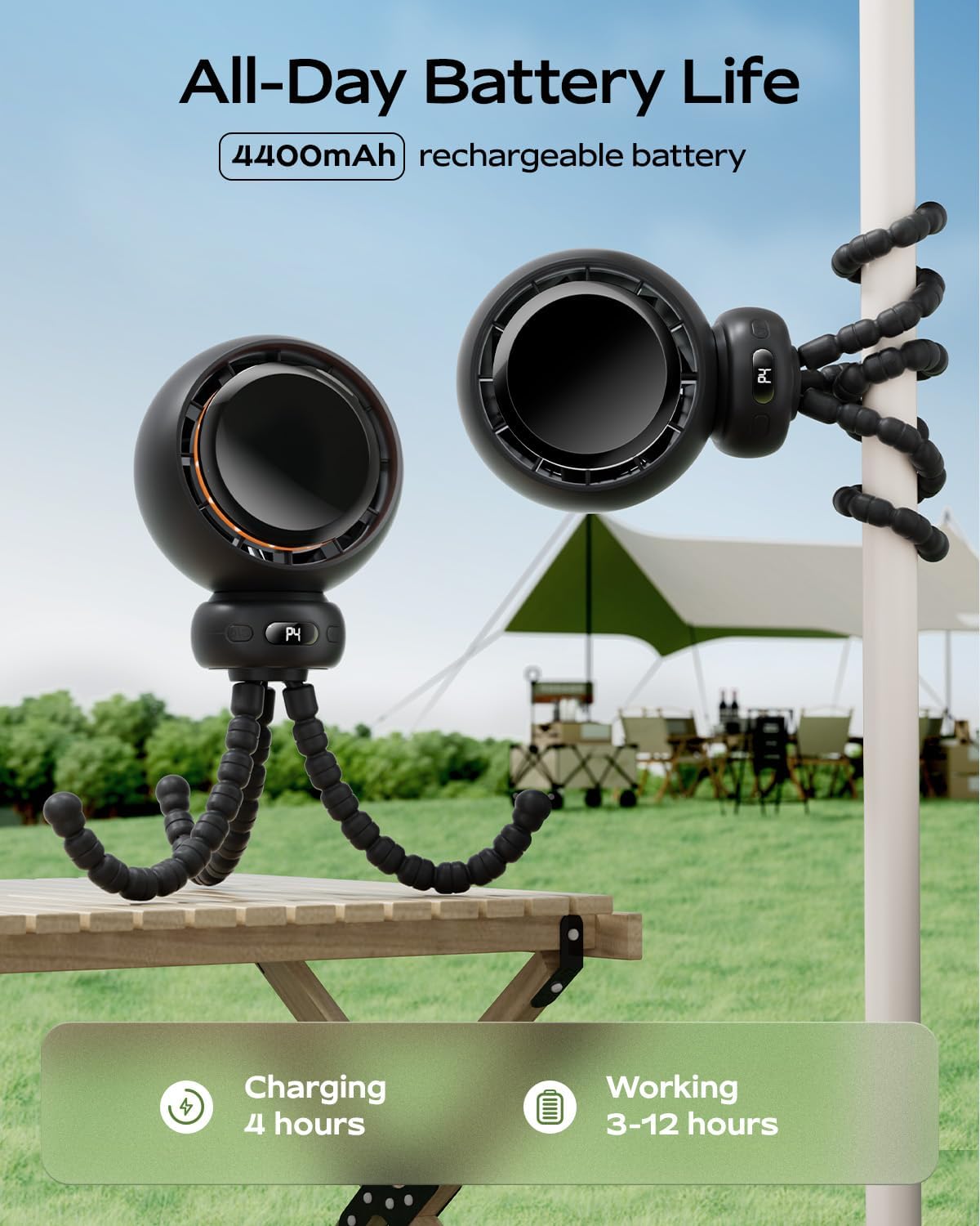 Skiennix Mini Portable Stroller Fan - 60° Auto Oscillation, USB-C Rechargeable, 4 Speeds, Night Light & Flexible Tripod (Black)