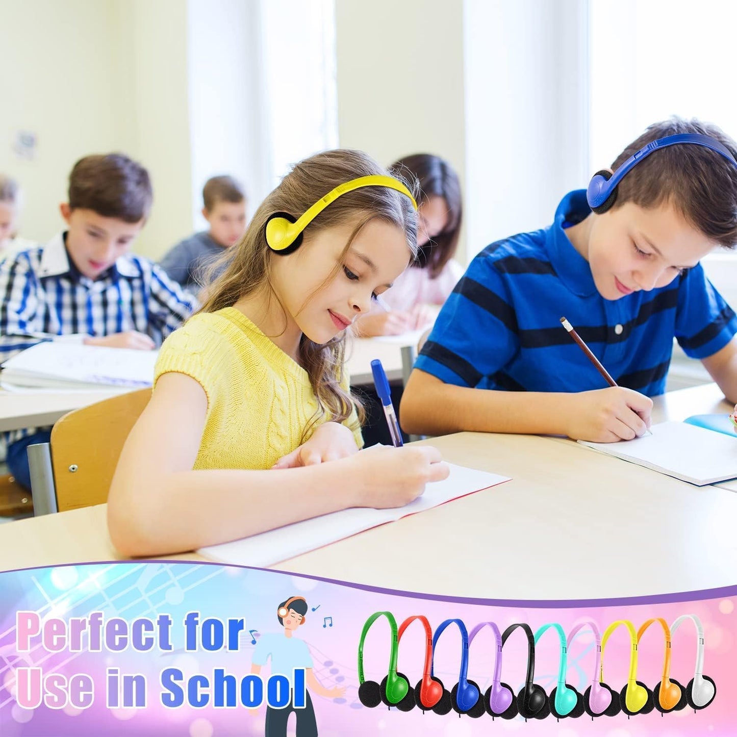 10 Pack Set (LS04,10 Classroom Headphones Bulk Multi Color for Kids School, Wholesale Class Durable Earphones