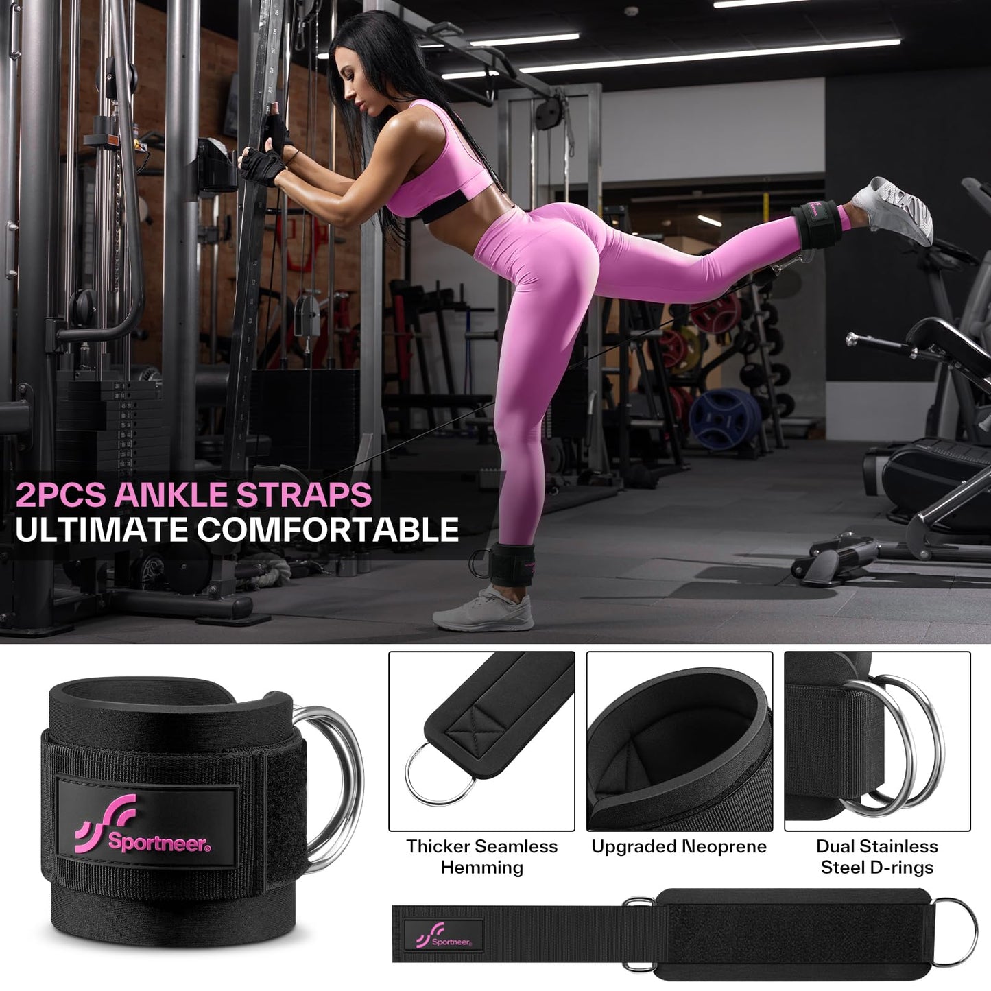 Sportneer Barbell Pad Set: 10 Pcs Squat Pad for Hip Thrusts, Lunges, Leg Day, Standard Olympic Bars with 2 Ankle Straps, 2 Lifting Straps, 3 Resistance Bands, Barbell Pad, Workout Poster and Carry Bag