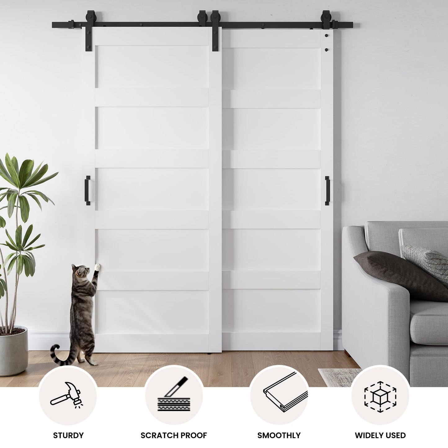 SmartStandard 36x84 Inch White Double Barn Door Set – 5-Panel MDF Sliding Doors with 6FT Bypass Barn Door Hardware Kit, Space-Saving Design, Easy Installation (Pre-Drilled Holes)