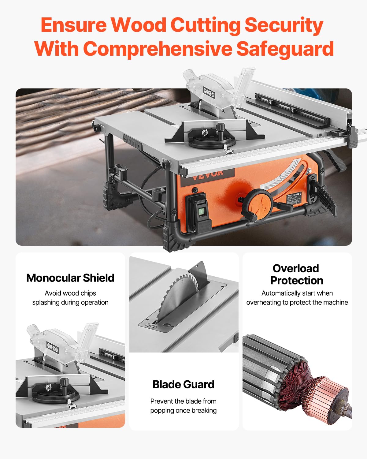 VEVOR Table Saw, 4500 RPM Portable Jobsite Table Saw with Sharp Edges & High Cutting Precision, Compact Table Saws with Dust Port For Woodworking, Fit for Raw Wood, Flooring & Cabinets