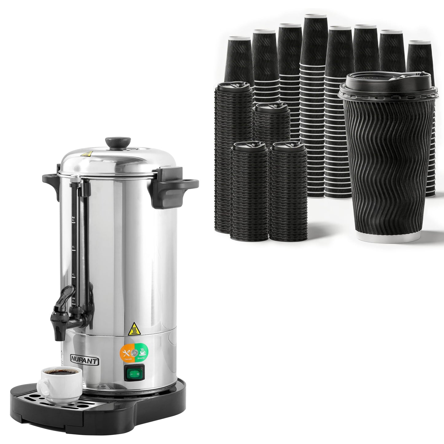 Commercial Coffee Urn 50 Cup/8L + 200-Pack 16oz Insulated Paper Cups with Lids | Complete Coffee Serving Bundle for Restaurant Catering, Church & Large Events