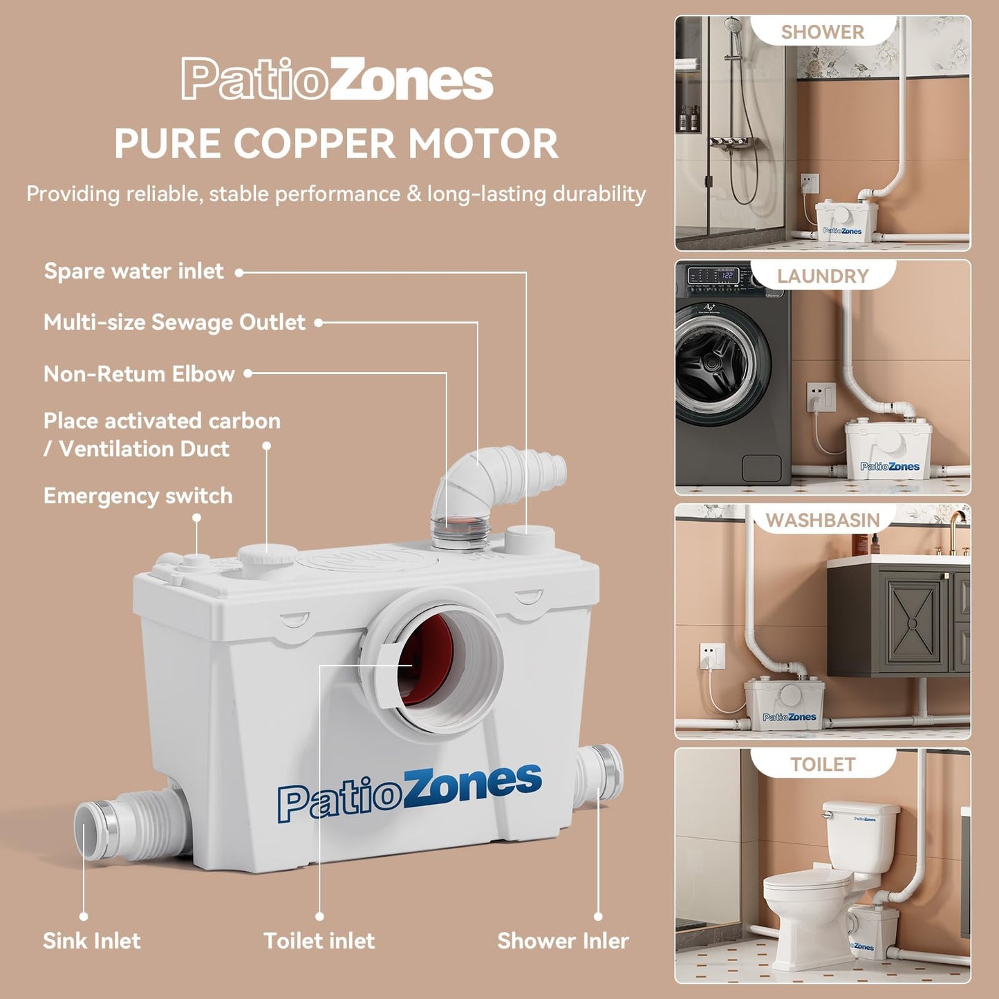 2026 Macerating Toilet System, 17.7" Tall Elongated Toilet with Grinder Pump for Basement Bathroom Sink/Shower/Laundry Wastewater Upflush, Quiet Copper Motor, Less Consumption, Nano-glaze Coating