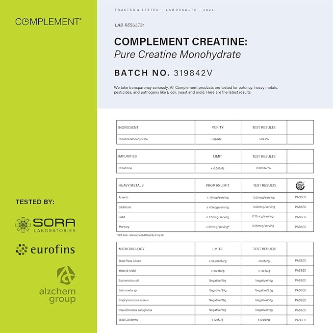 Complement Creatine Monohydrate Micronized Powder for Women and Men (5g, 60 Servings) Pre Workout, Post Workout, Muscle Recovery, Brain Health, Longevity- Vegan, Unflavored