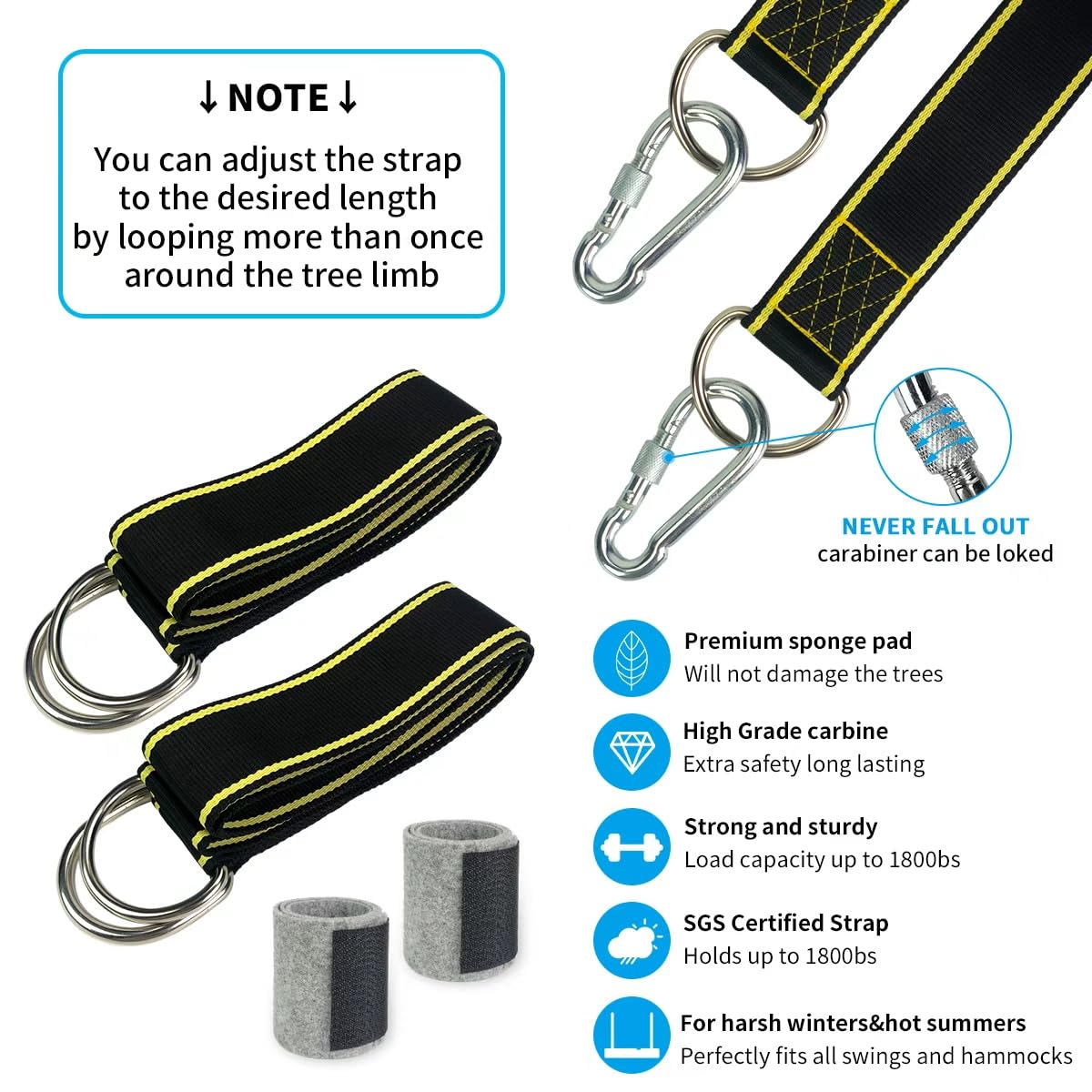 Extra Long Tree Swing Straps, 10FT Tree Swing Hanging Straps Kit Holds 1800 lbs with Tree Protector, Heavy Duty Carabiner Perfect for Swings & Hammocks