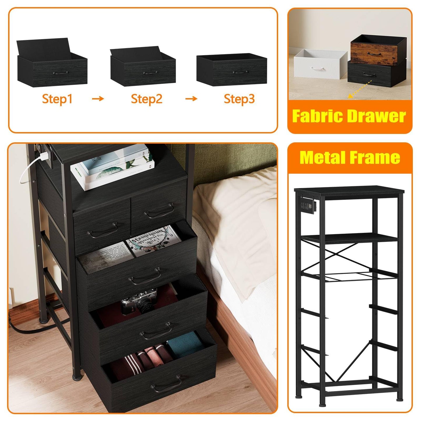 Furnulem Dresser for Bedroom, Tall Nightstand, Vertical Chest with Wood Top, Charging Station, LED Lights, 5 Fabric Bins, Bedside Table with Shelf, Furniture for Entryway (5 Drawer, Black Oak)