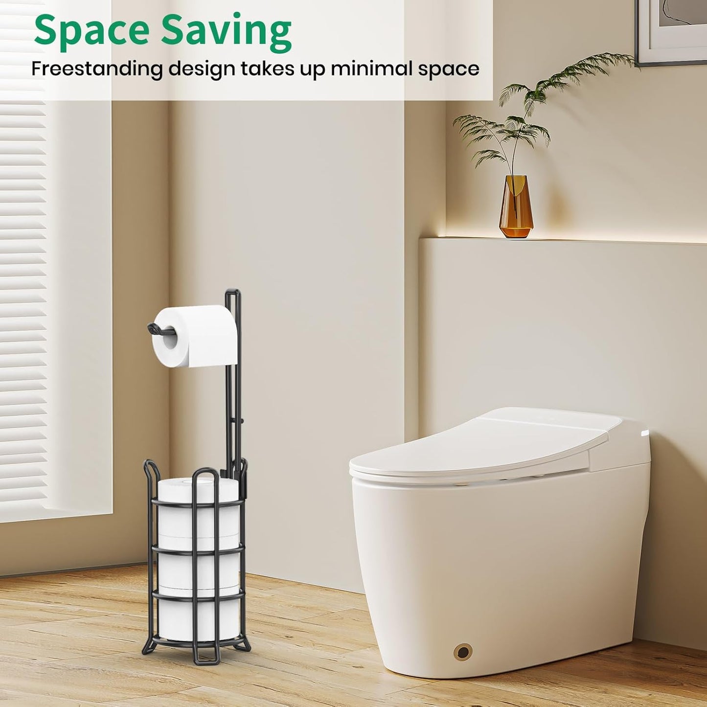 TomCare Toilet Paper Holder - Free-Standing Metal Wire Dispenser for 3 Spare Rolls | Black Bathroom Organizer