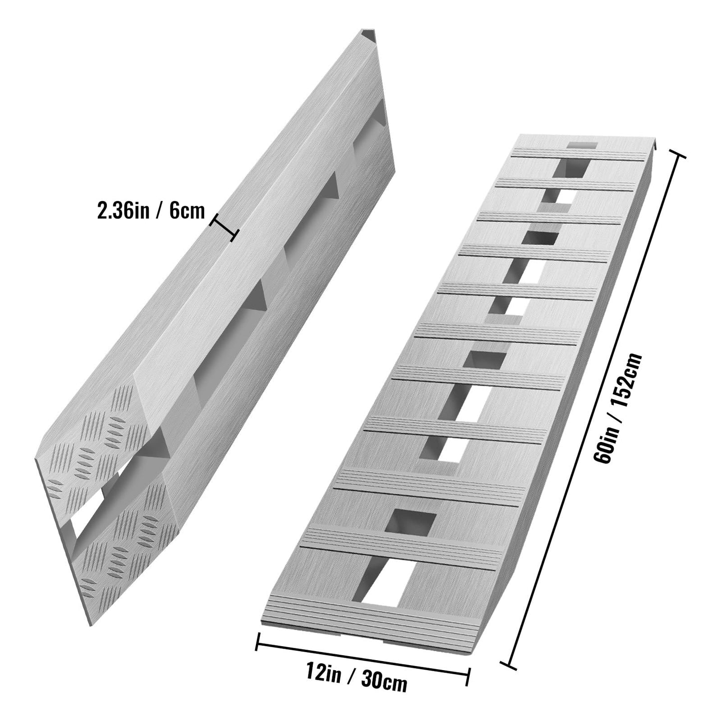 VEVOR Aluminum Ramps, 6000 lbs, Heavy-Duty Ramps with Top Hook Attaching End, Universal Loading Ramp for Motorcycle, Tractor, ATV/UTV, Trucks, Lawn Mower, 60" L x 12" W, 2Pcs