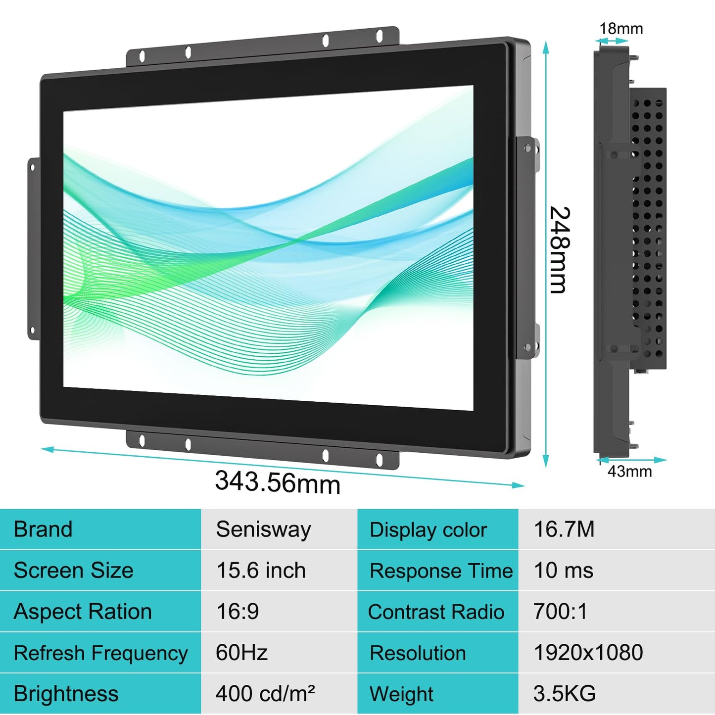 Senisway 15.6 Inch Open Frame Touchscreen Monitor Surface is IP65 Waterproof 1920 x 1080 @ 60Hz TFT LCD IK08 Industrial Touch Screen Monitor 10 Finger Capacitive Touch