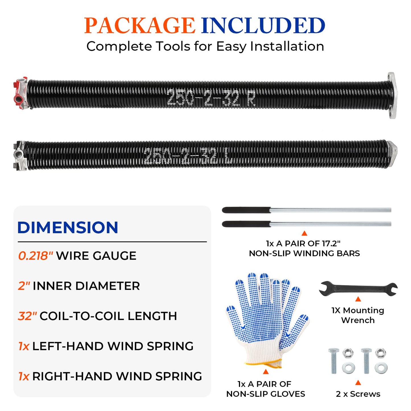 POWLAB Pair of 2" Garage Door Torsion Springs (0.250'' X 2‘’ X 32‘’) with Non-Slip Winding Bars & Gloves, Heavy-Duty Replacement, 18,000 Cycles, High Precision Electrophoresis Black Coated