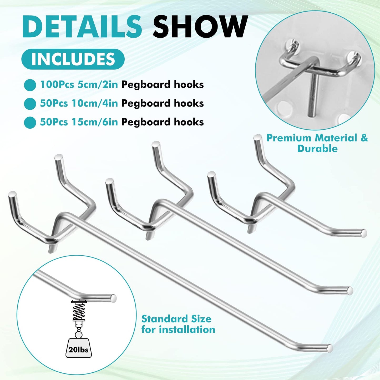 Hicarer 200 Pcs Stainless Steel Pegboard Hooks Multiple Sizes Fit 1/4" or 1/8" Pegboard Ideal for Garage Tool Organization, Wall Storage(2 Inch, 4 Inch, 6 Inch)