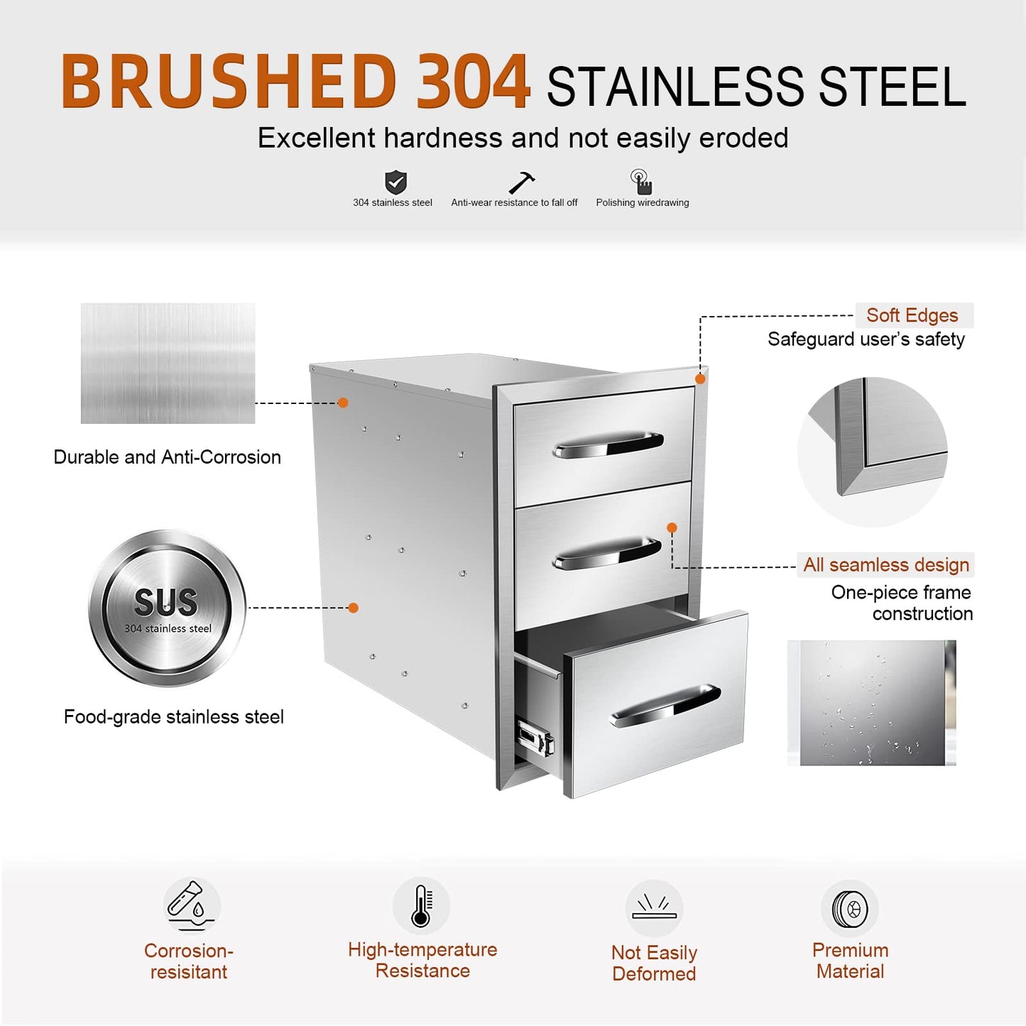 KODOM Outdoor Kitchen Drawers 14'' W x 21'' H x 21'' D, Flush Mount Triple Access BBQ Drawers for Outdoor Kitchens or BBQ Island Patio Grill Station, Silver