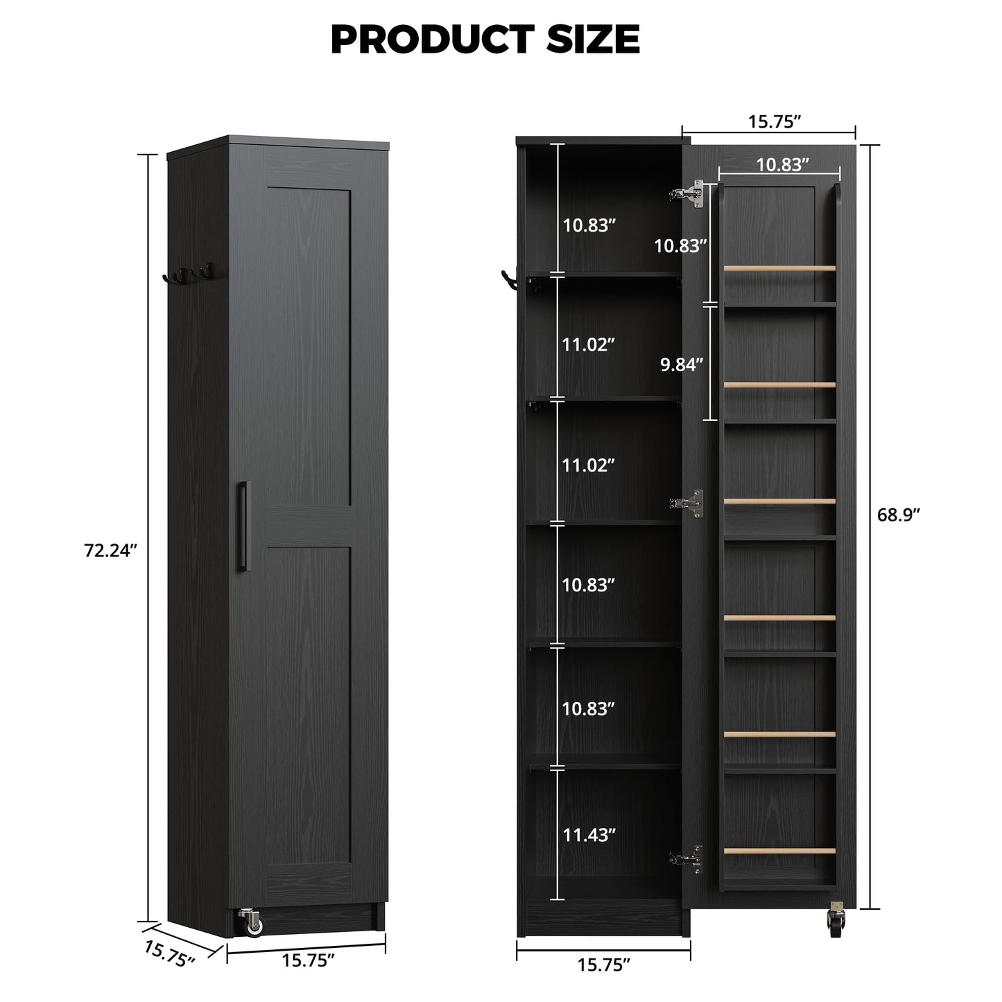 IRONCK Narrow Kitchen Pantry Storage Cabinet, 72" Slim Single Door with 6 Adjustable Shelves, Door Rack and Wheels, Space Saving Freestanding Storage Floor Cabinet for Small Place, Black