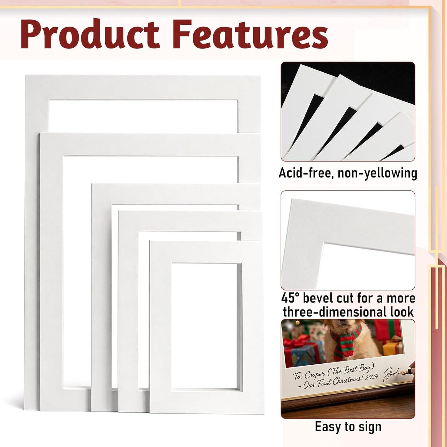Xelsluthe 10 Pack 6,7,8,10, 11.6 Inch Picture Mats for Frames, Picture Frame Mats Core Bevel Cut Mat Board Show Kit