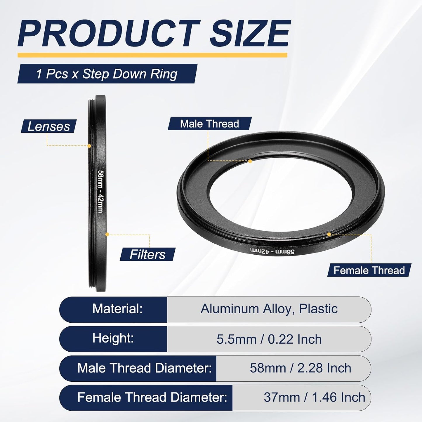 58mm 42mm, PATIKIL Step Down Ring Adapter to Filter Step-Down Rings Camera Lens Filters Metal Ring Digital for ND IR