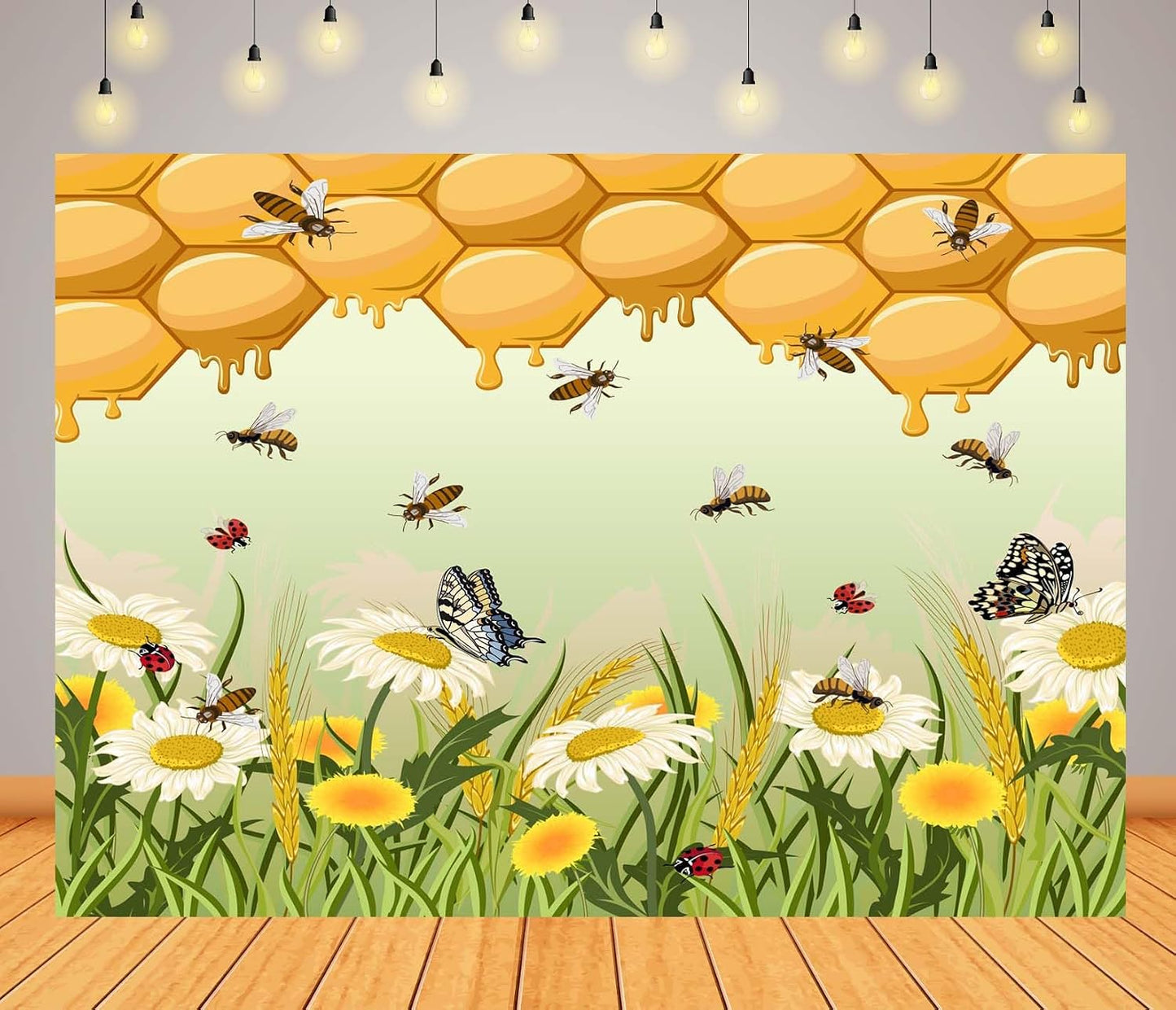 CORFOTO 10x8ft Fabric Honeycomb Bee Backdrop Golden Honeycomb Daisies Butterflies Insects Nature Scene Photography