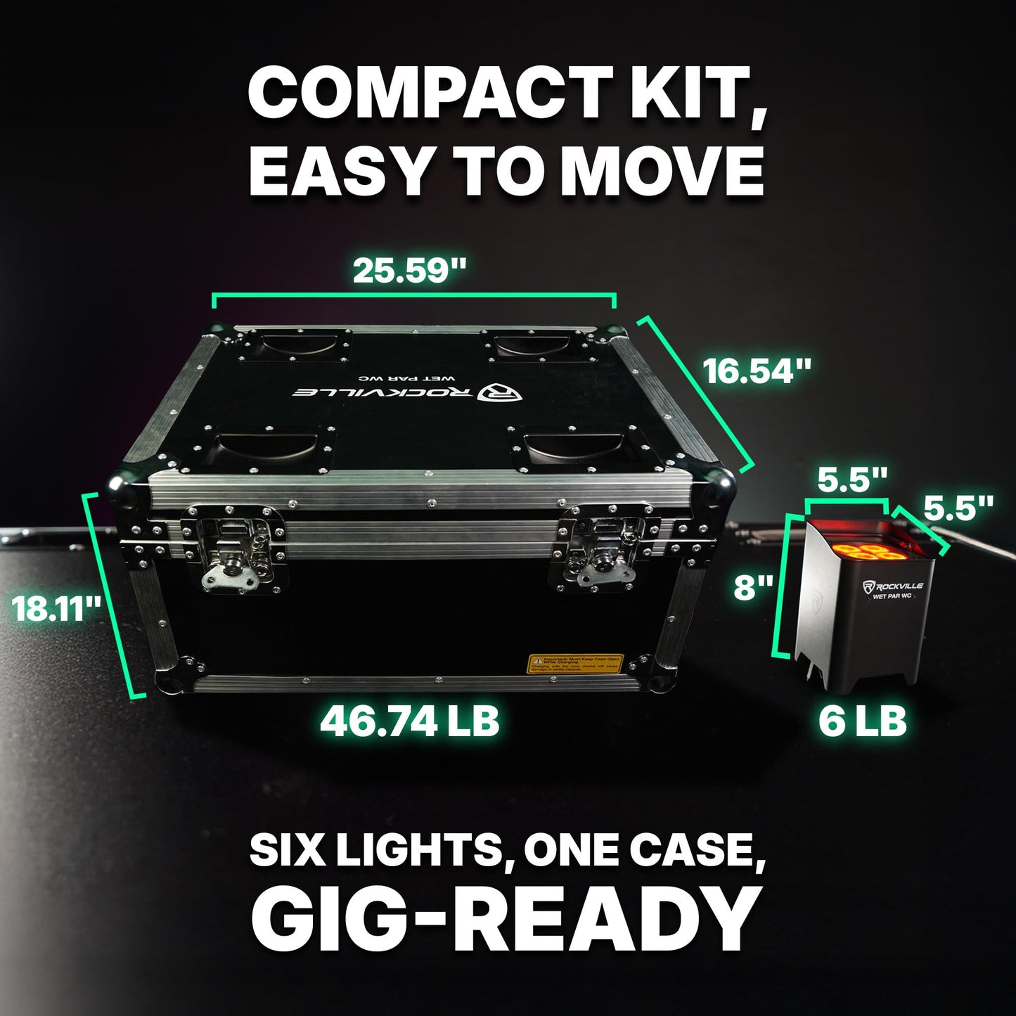 Rockville Wet PAR WC Package Black 18W RGBWA+UV Par Wash Lights, Wireless Charging Case, IP65 Water-Resistant, App-Controlled, for DJ Events and Venues (6 Lights)