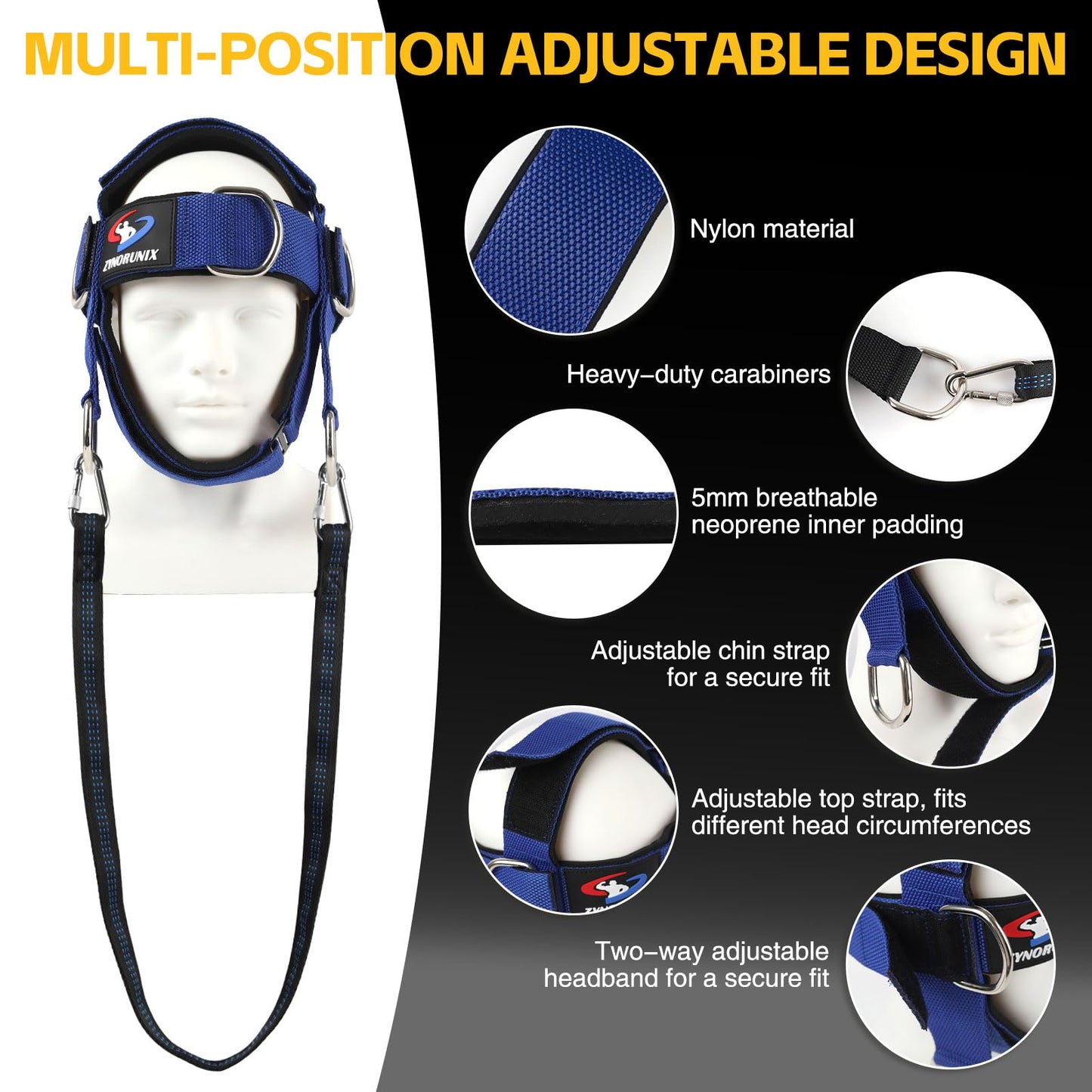 Fitness Neck Head Harness Trainer, Adjustable Chin Strap and Head Harness Strength with Nylon Tether, Neoprene Neck Exerciser for Weight Lifting, Home and Gym Use, Black