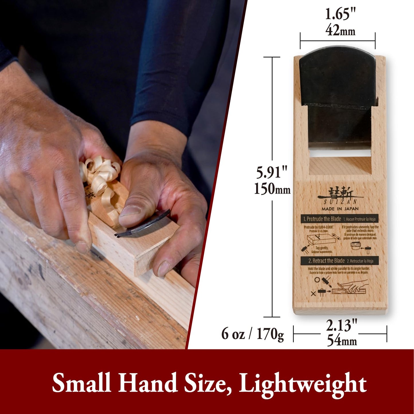 SUIZAN Kanna Japanese Wood Planer 1.7" - Professional Small Hand Block Plane Woodworking tools