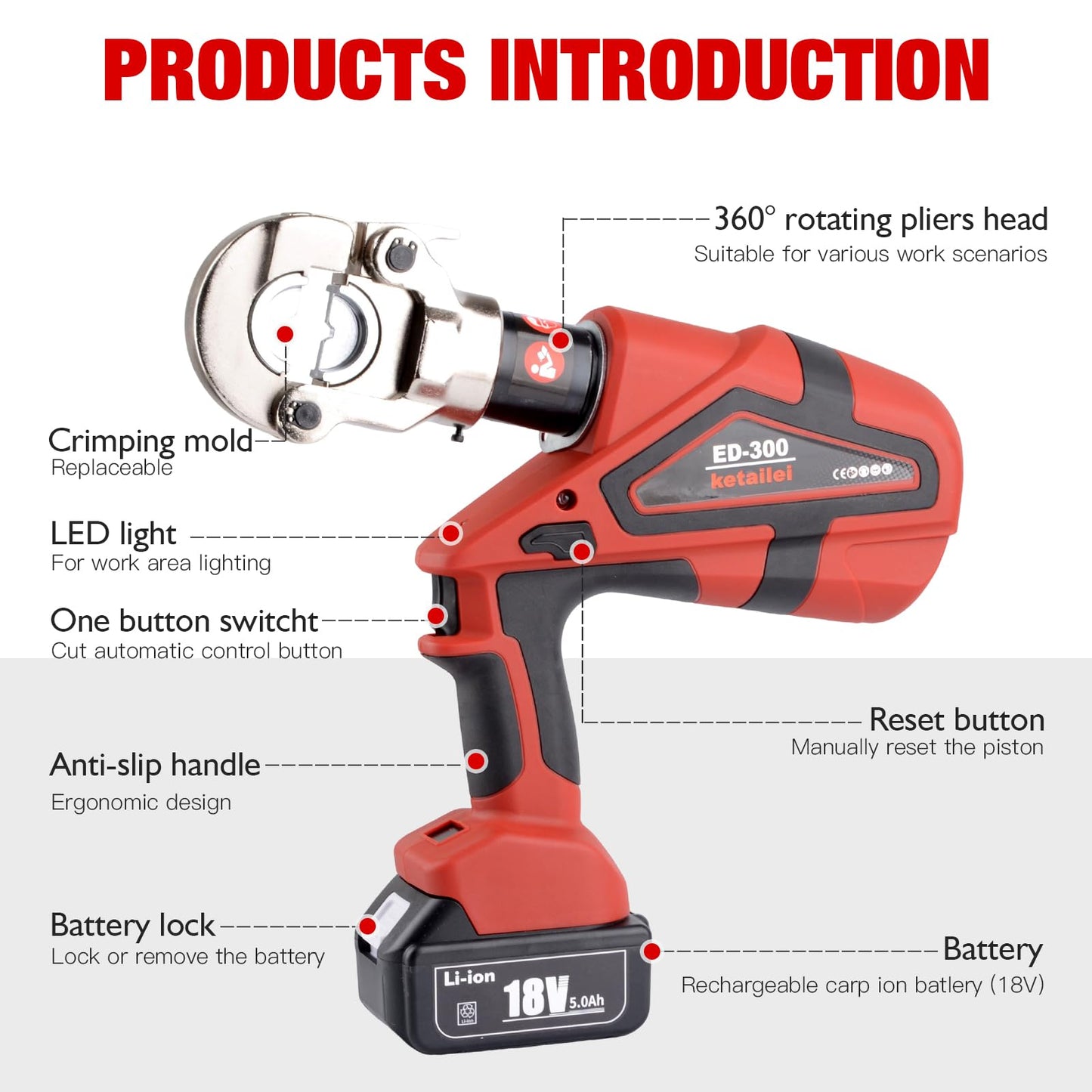 ketailei 6 Ton Electric Hydraulic Crimper, 5.0Ah High-Capacity Battery, Smart Chip Protection, Oil-Resistant Cable Lug Crimping Tool for 6AWG-600MCM Copper Terminals, Industrial Use（ED-300）