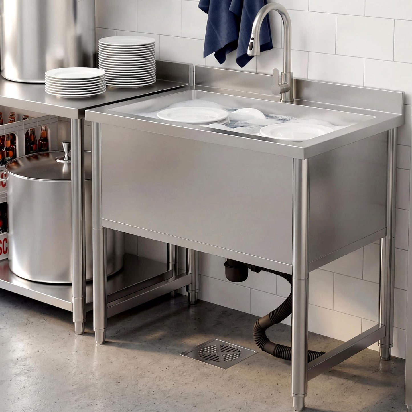 Stainless Steel Commercial Restaurant Sink, Freestanding Large Commercial Sink with Pull-out Faucet for Kitchen Dishwashing, Thawing, Pet Cleaning, Laundry Room, 35 Gallon, 23.6"D x 33.5"W x 36.8"H
