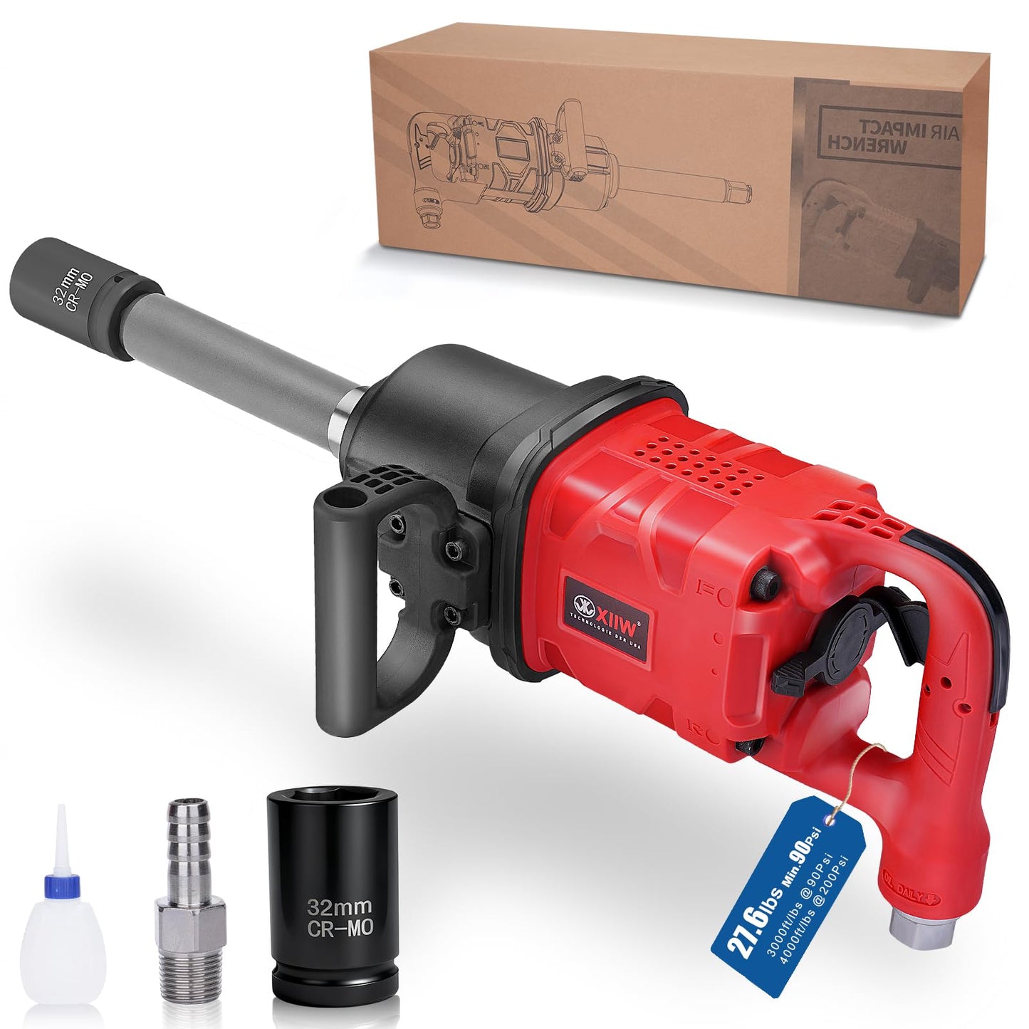 XIIW 1 Inch Air Impact Wrench, Up to 4000 ft-lbs High Reverse Torque, 27.6lbs Lightweight 1‘’ Pneumatic Impact Gun w/ 9 Inch Extended Anvil and 2 D Handles 3800RPM for Heavy Duty Repairs