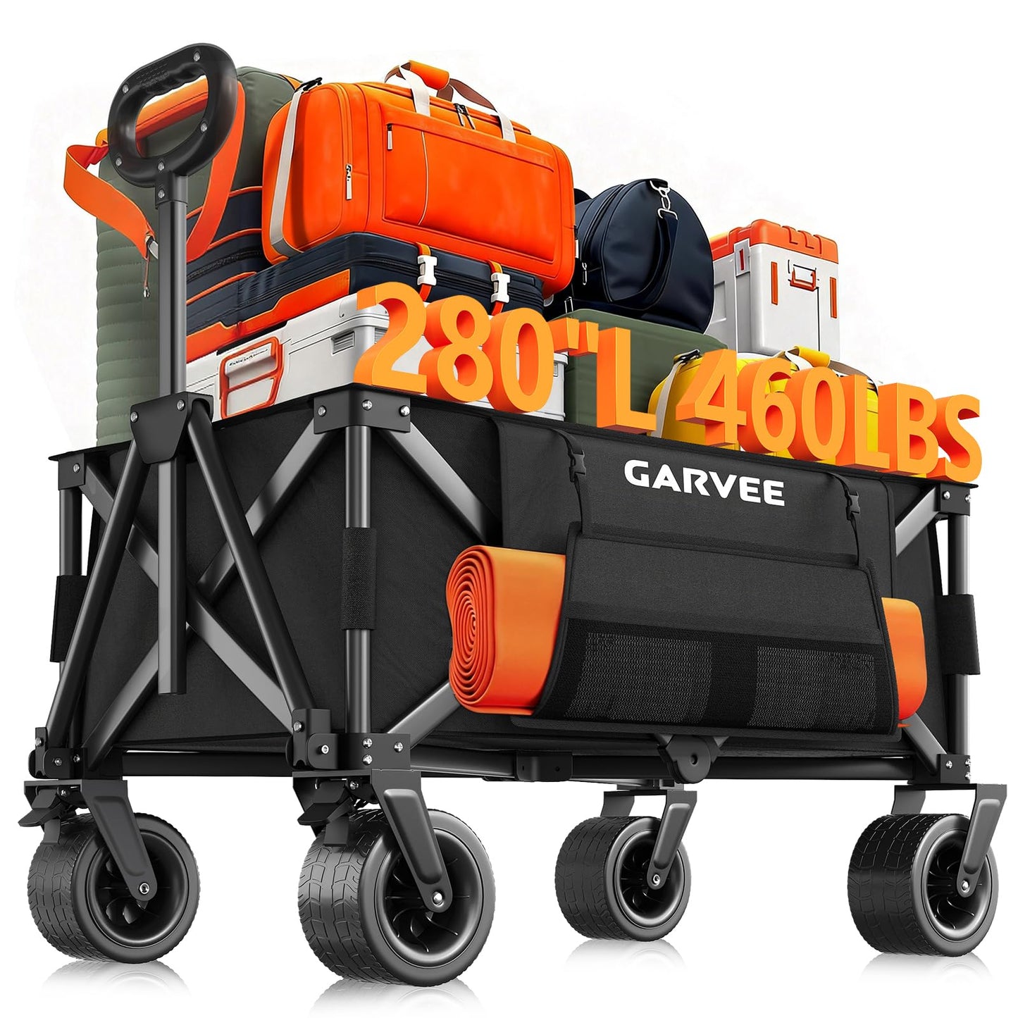Wagon Carts Foldable, 460LBS Weight Capacity 280L Collapsible Wagon with All-Terrain Wheels, Drink Holders, Storage Cover&Elastic Rope, Utility Carts for Groceries, Shopping, Camping, Sports -Black