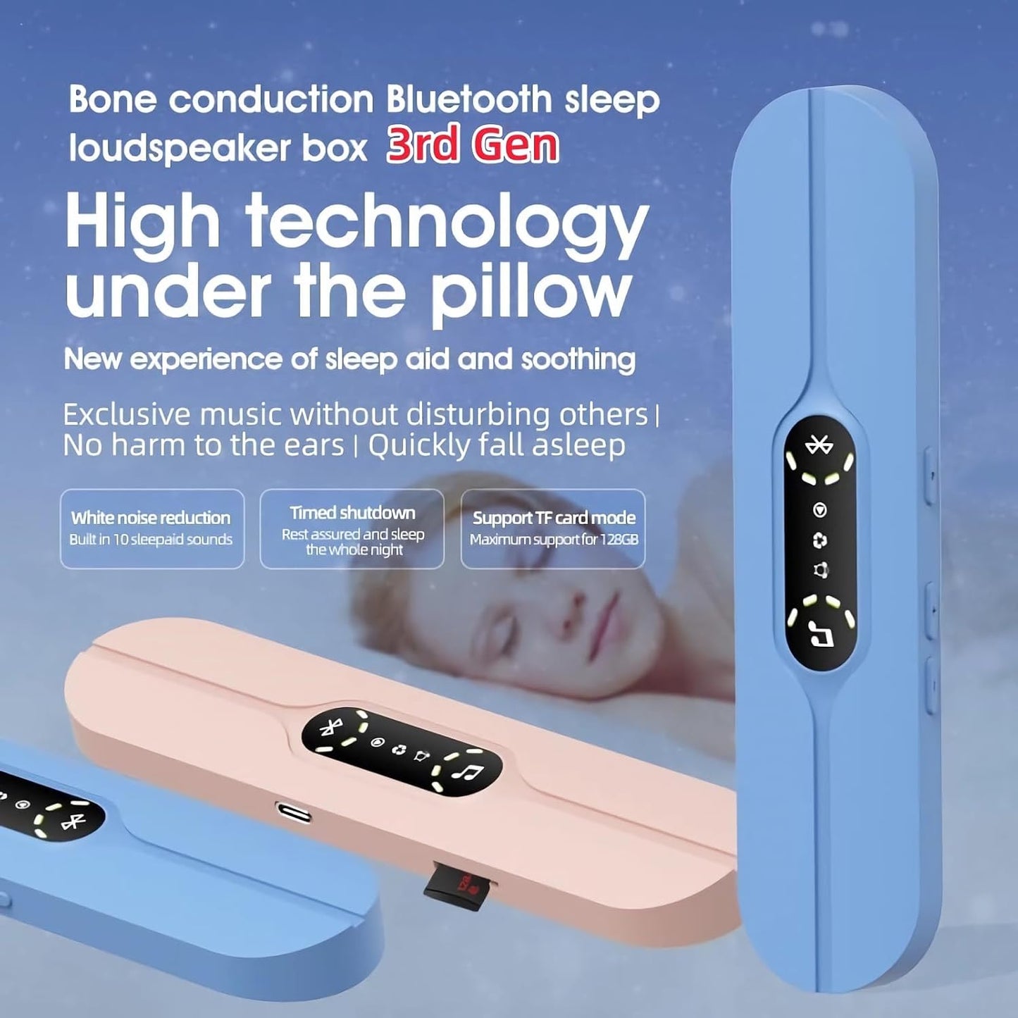 Generic Bone Conduction Under Pillow Speaker for Sleeping - Wireless Bluetooth Sleep Speaker with White Noise & Timer