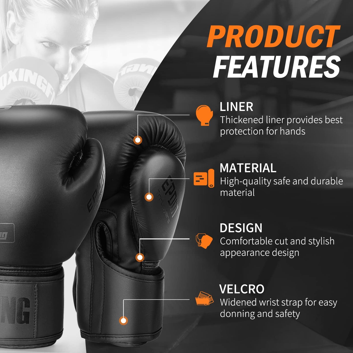 Boxing Gloves for Men and Women Suitable for Boxing Kickboxing Mixed Martial Arts Muay Thai MMA Heavy Bag Fighting Training (Black, 12oz)
