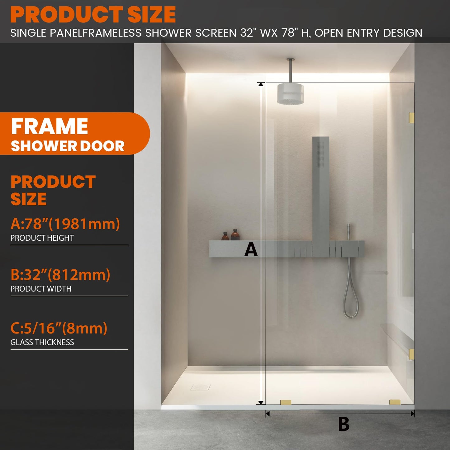 Bathroom Shower Glass Door 32 * 78" - 5/16"(8mm) Thick Clear Tempered Glass Panel, Fixed Hinged Framless Shower Glass Door with Clamps, Brushed Gold