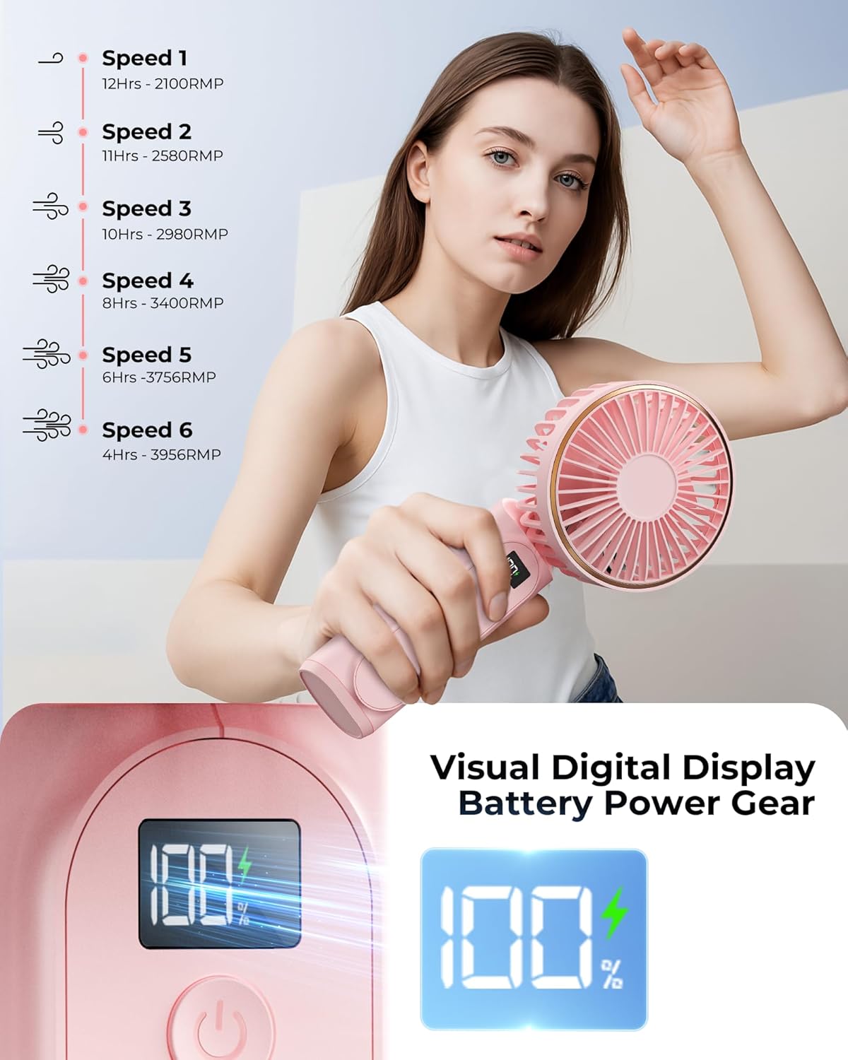 TUNISE Portable Handheld Fan - USB Rechargeable, 4000mAh Battery, 6 Speed Settings, 180° Adjustable