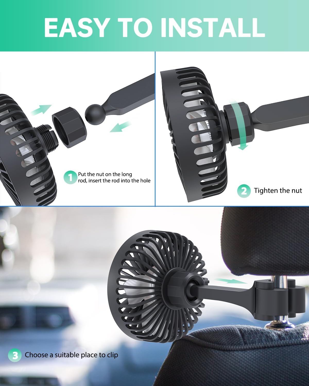 3 5V TriPole Car Fan for Rear Seat USB Powered Powerful Speed Fan with Adjustable Clip for Vehicles SUV RV
