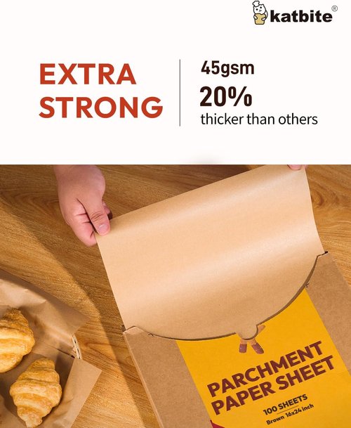 Katbite Parchment Paper Sheets - 16x24 Inch Non-Stick Precut Baking Paper, 100 Pcs Unbleached Liners