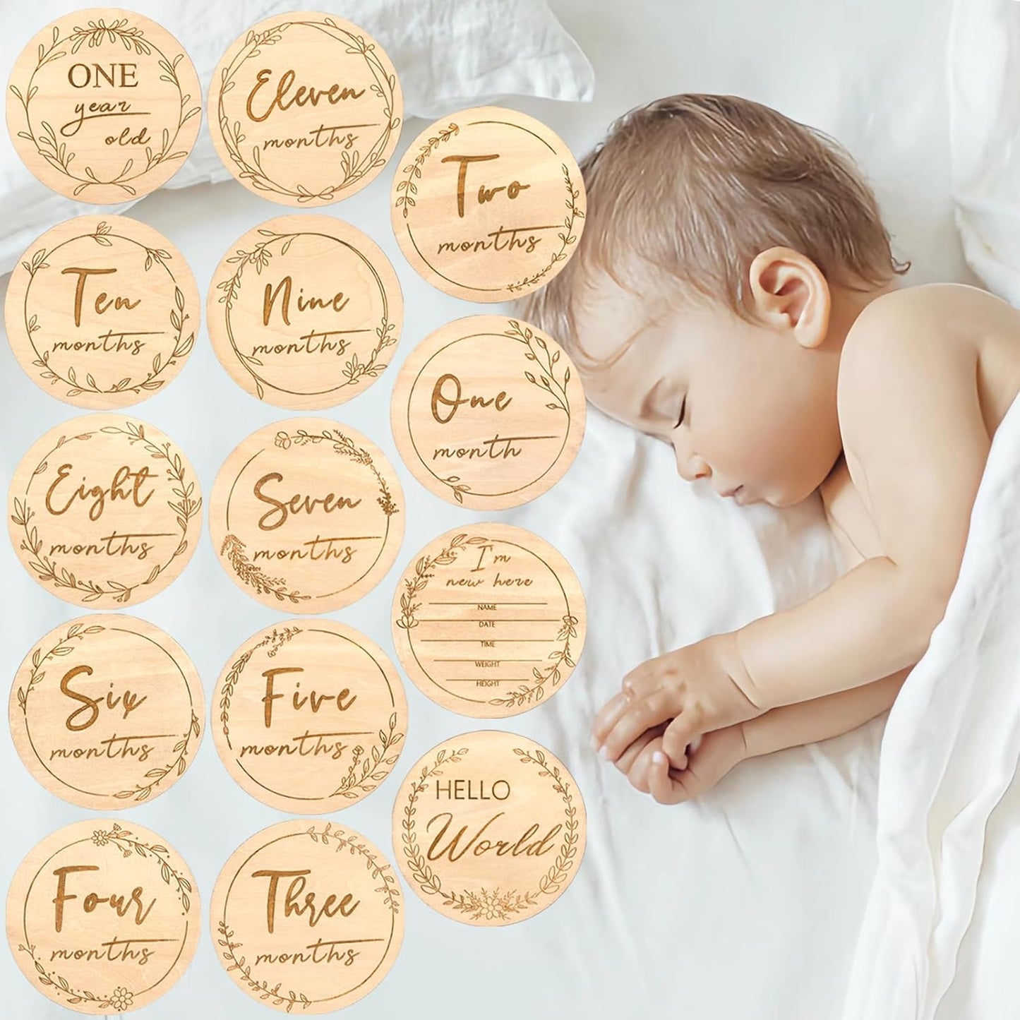 Sanyakti Signs-7 Sets Baby Monthly Milestone,Beautiful Baby Milestone Double Sided Marker Wooden Circles Discs Newborn