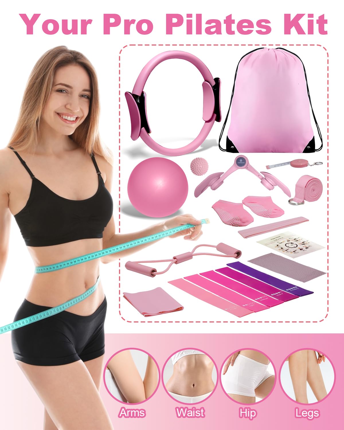 Pilates Ball and Ring Set for Women, At Home Pilates Kit with Thigh Master, 5 level Resistance Bands, Yoga Ball & Muscle Massage Ball, 18 Pcs Pilates Essential Kit for Toning Fitness Workout Equipment