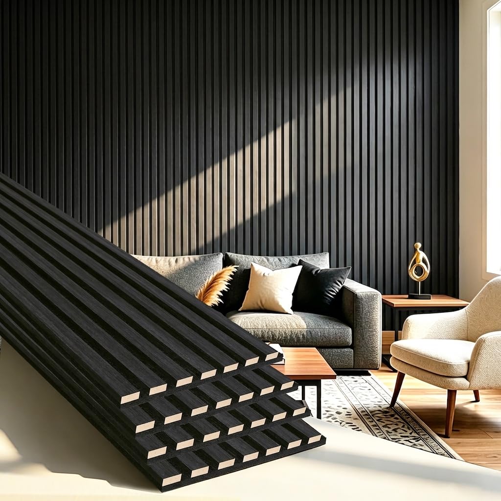 Wood Slat Wall Panels - 4 Pack 93.7" × 11" - Acoustic Panels Noise Reduction for Home Office Studio, 3D Fluted Sound Dampening Absorbing Panels, Matte Black