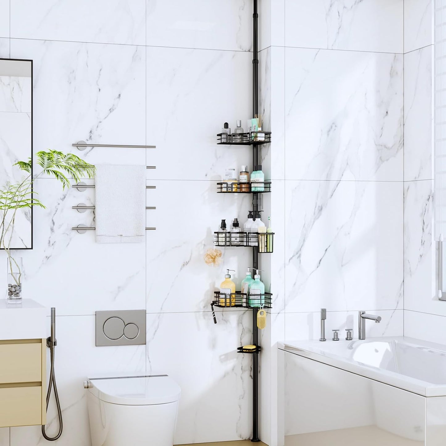 SWTYMIKI Shower Caddy Tension Pole - 4-Tier Adjustable Bathroom Organizer with Soap Holder & Hooks | Black 27.6-108.3 Inch