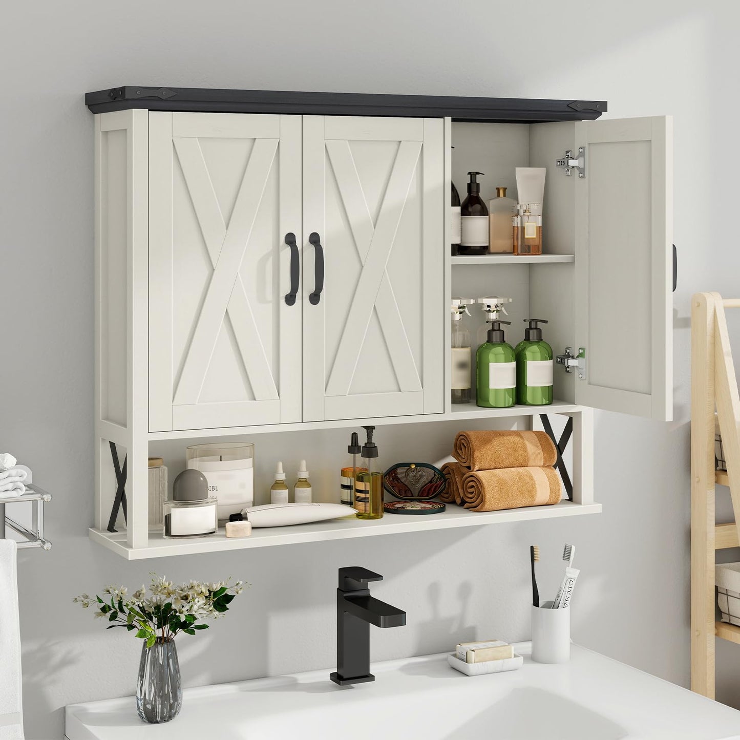 Halitaa Bathroom Wall Cabinet, Farmhouse Medicine Cabinet with Adjustable Wood Shelf & 3 Doors, Over The Toilet Storage Cabinet for Wall Mounted for Bathroom Laundry Room Kitchen, White and Black