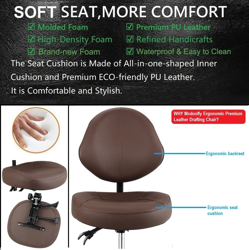 McDooFly Rolling Drafting Chair with Back Support - Tall Office Chair for Standing Desk Adjustable Foot Ring Swivel Rolling Stools for Workshop Art Studio Salon Shop Counter Home Office (Brown)