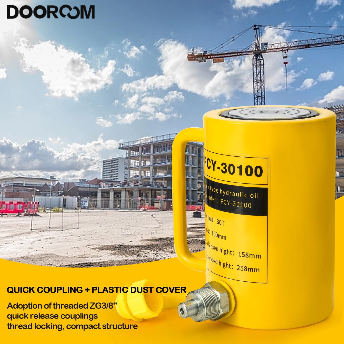 DOOROOM 30T 4Inch Stroke Porta Power Single Acting Lifting Cylinder for Shipbuilding, Machinery and Industry,Automatically Retract Split Hydraulic Cylinders Jacks, Yellow