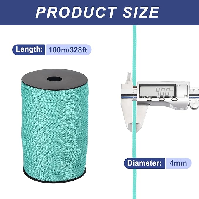 MECCANIXITY 5/32 Inch Polypropylene Rope Braided Ropes, 328ft Camping Rope Hollow Utility Cord for Clothesline, Hiking, Outdoor, Light Blue