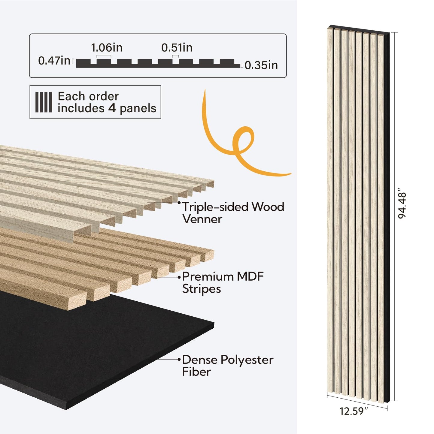 Olanglab Wood Wall Panels 4 Pack, Wood Slat Acoustic Wall Panels, 94.5"x12.6" Each 3D Wall Panels for Interior Wall Decor (Light Oak-Extendo Trio)