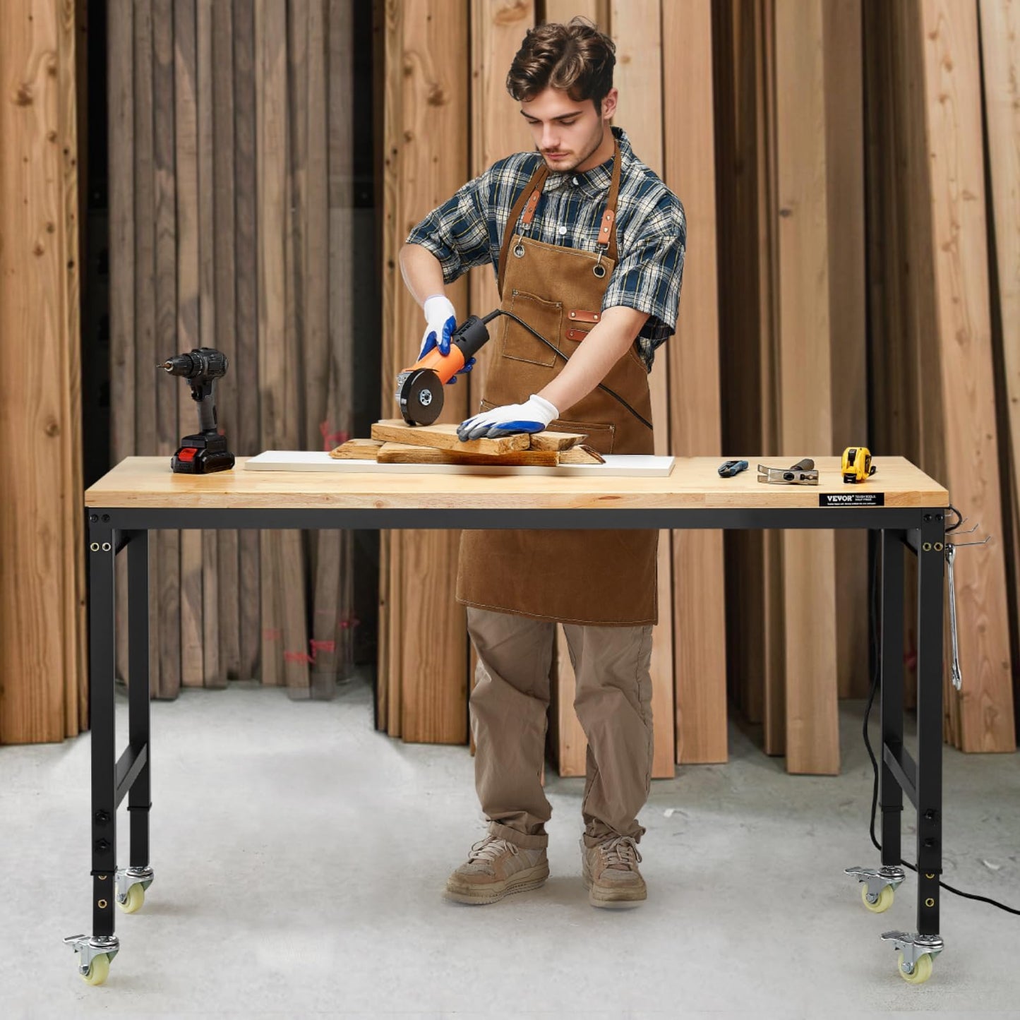 VEVOR Adjustable Workbench, 60 Inch Work Bench with Power Outlet, Wheels, and Pegboard, 2000 lbs Load Heavy Duty Oak Wood Top Work Table for Garage, Workshop, Office, and Home